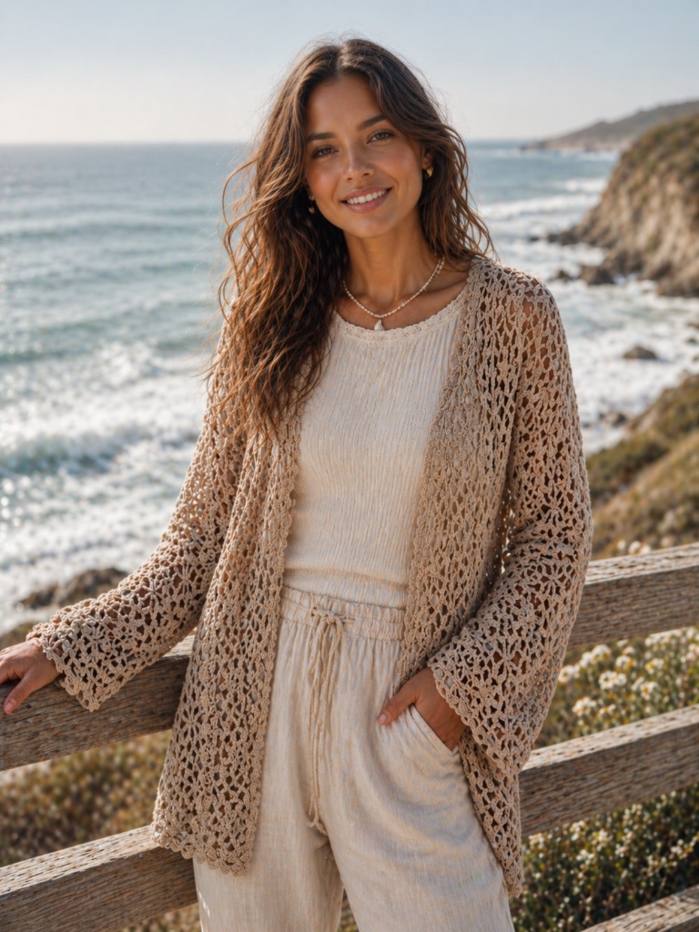 Northern Reflections button knit cardigan brown L cotton crochet coastal beach